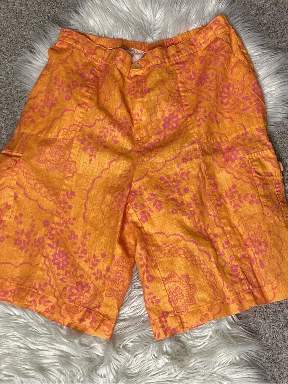 Flax Linen Cargo Shorts Orange Pink Floral Print Lg